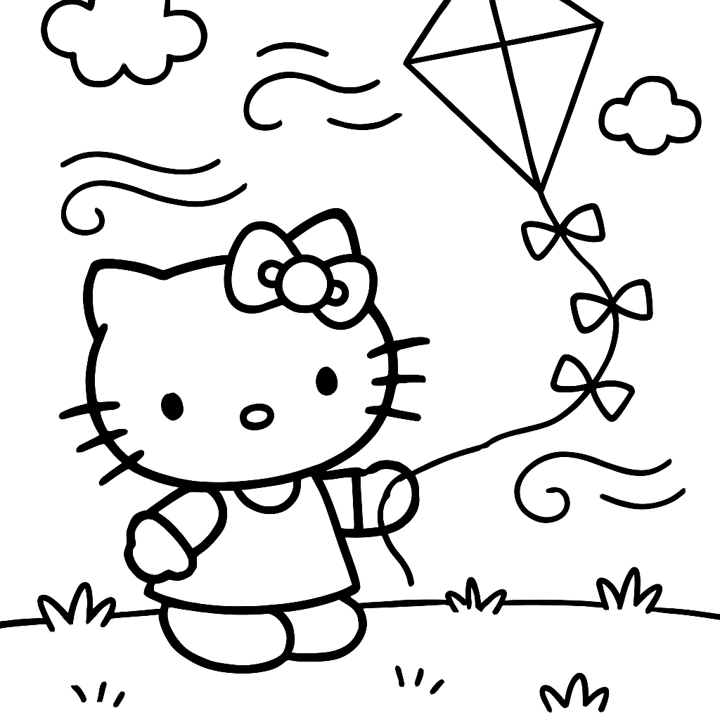 Hello Kitty flying a kite on a windy day